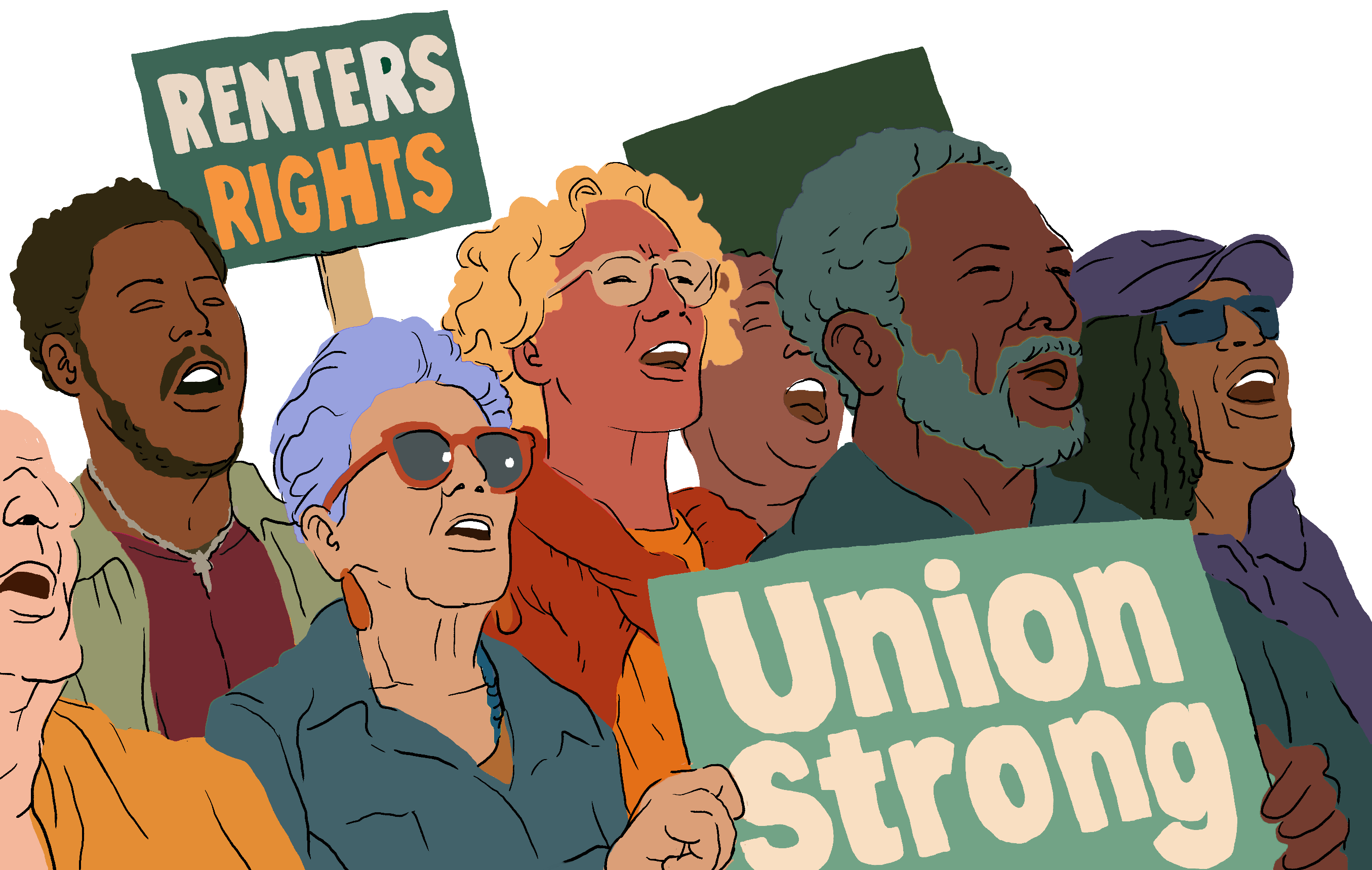 Neighbors rallying with Renters Rights and Union Strong signs
